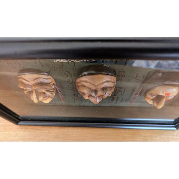 Vintage Korean Hahoetal Hahoe Pyolsin-Gut 3D Carved Masks In Glass Shadowbox - Picture 3 of 8